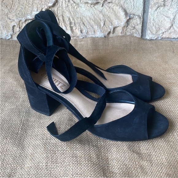 SCHUTZ Kelma Black Suede Leather Ankle Tie Wrap Block Heel Sandals Size 6 1/2 B - Picture 5 of 11